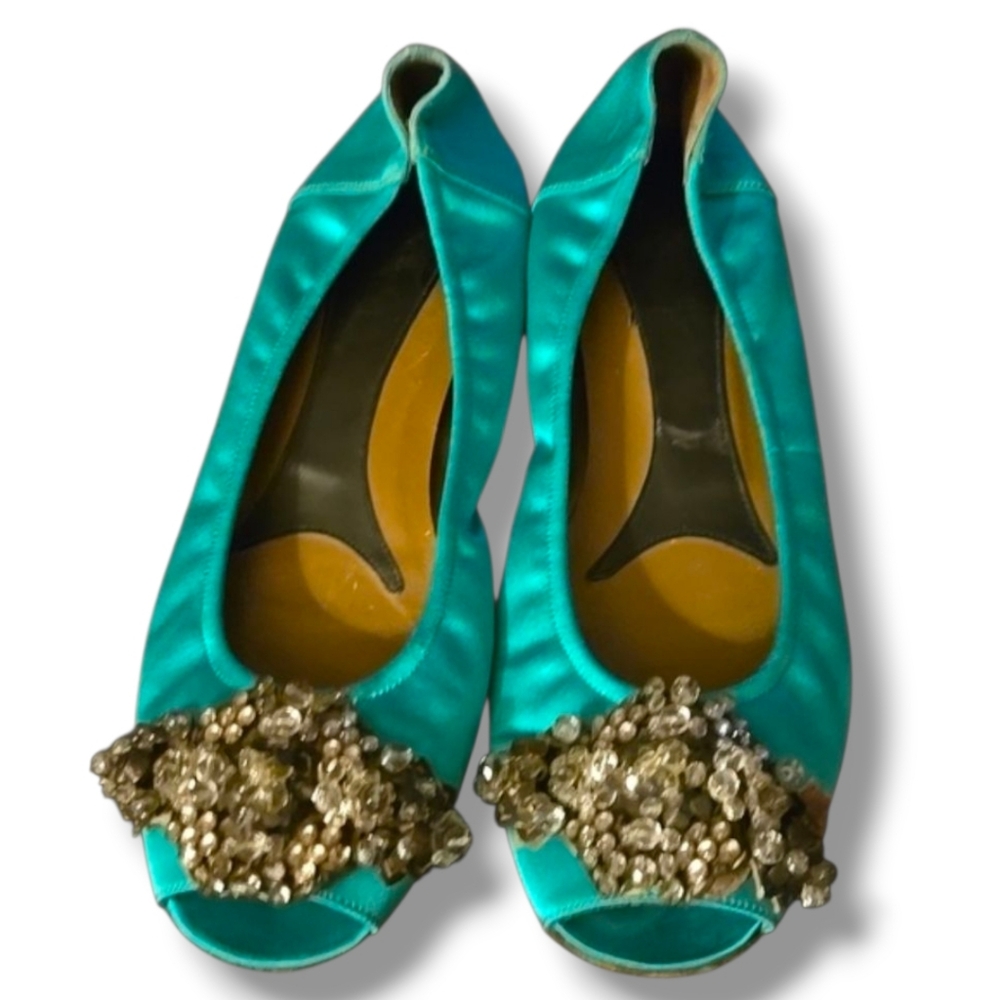 Marni Open Toe Emerald Flats With Crystals